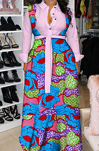 Pink Newest Print Long Sleeve Lepal Neck Single-Breasted With Beltband Swing Shirt Dress DMM8183-5