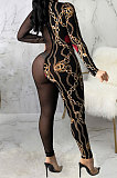 Brown Sexy Mesh Print Long Sleeve V Neck Collect Waist Bodycon Jumpsuits SMR10278-1