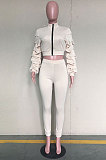 Cream Autumn Winter Casual Ruffle Sleeve Zip Front Coat Pencil Pants Sport Sets ORY5064-2
