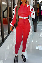 Red White Edge Women Flounce Stand Collar Zipper Long Sleeve Pants Sets KXL858-4