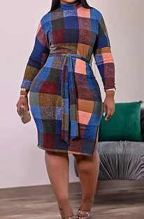 Blue Newest Plaid Print Long Sleeve High Neck Slim Fitting With Beltband  Slit Dress TK6147-1