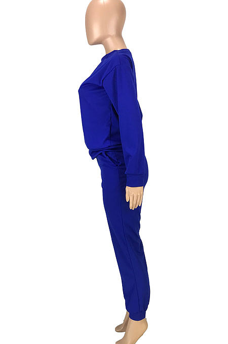 Red Simple Sport Loose Long Sleeve Round Neck Pocket Jumper Long Pants Solid Color Sets SM9206-3