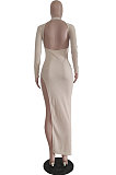 Wine Red Ribber Sexy Long Sleeve V Neck Backless Slim Fitting Solid Color Slit Maxi Dress TRS1176-5