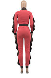 Red White Edge Women Flounce Stand Collar Zipper Long Sleeve Pants Sets KXL858-4