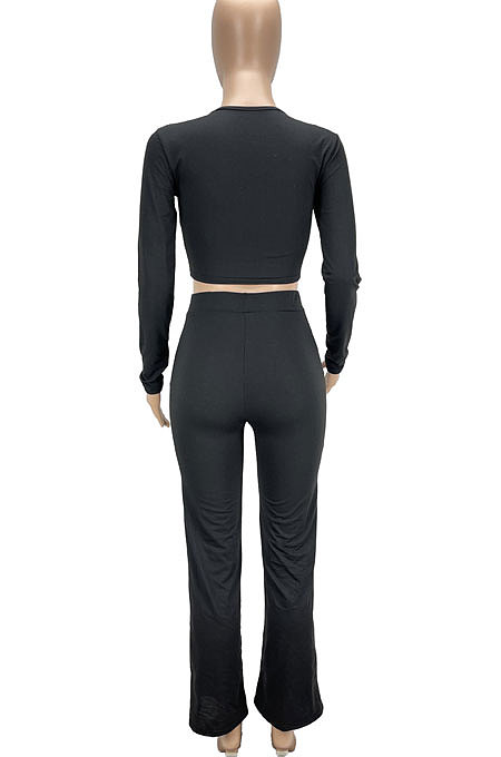 Black Women Solid Color Long Sleeve Bodycon Tops Casual Flare Leg Pants Sets KXL856-1
