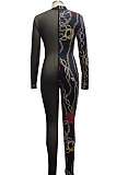 Green Sexy Mesh Print Long Sleeve V Neck Collect Waist Bodycon Jumpsuits SMR10278-3