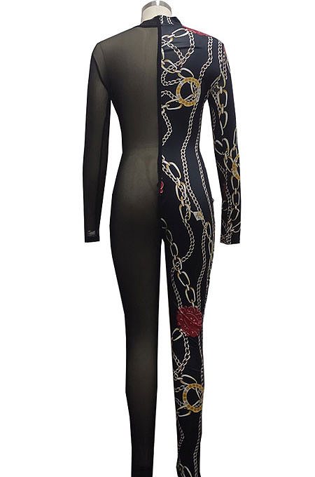 Black Sexy Mesh Print Long Sleeve V Neck Collect Waist Bodycon Jumpsuits SMR10278-2