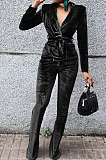 Black Wholesale Velvet Long Sleeve Lapel Neck Suits Coat Flare Pants Sets TRS1182-1