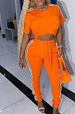White Cotton Blend  Side Strip Short Sleeve Round Neck T-Shirt Long Pants Sets TK6188-1