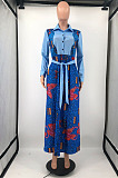 White Newest Print Long Sleeve Lepal Neck Single-Breasted With Beltband Swing Shirt Dress DMM8183-1