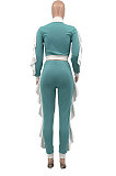 Red White Edge Women Flounce Stand Collar Zipper Long Sleeve Pants Sets KXL858-4