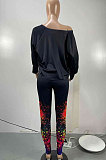 Black Women Casual Oblique Shoulder Letters Splash-Ink Printing Pants Sets AMW8333