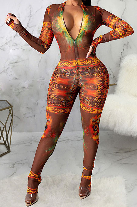 Black Sexy Mesh Print Long Sleeve V Neck Collect Waist Bodycon Jumpsuits SMR10278-2