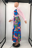 White Newest Print Long Sleeve Lepal Neck Single-Breasted With Beltband Swing Shirt Dress DMM8183-1