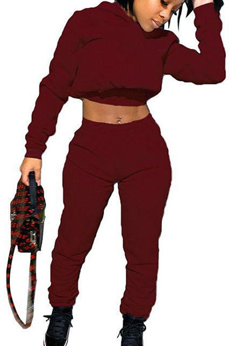 Gray Women Hooded Long Sleeve Fleece Solid Color Bandage Long Pants Sets CSY830-1