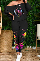 Black Women Casual Oblique Shoulder Letters Splash-Ink Printing Pants Sets AMW8333