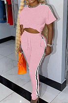 Pink Cotton Blend  Side Strip Short Sleeve Round Neck T-Shirt Long Pants Sets TK6188-4