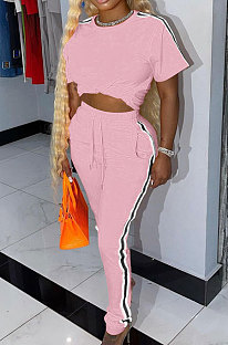 Pink Cotton Blend  Side Strip Short Sleeve Round Neck T-Shirt Long Pants Sets TK6188-4