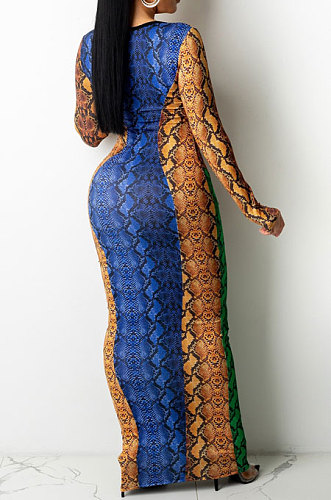 Green Blue Sexy Snakeskin Print Long Sleeve Hollow Out Collect Waist Bodycon Dress TRS1180-2