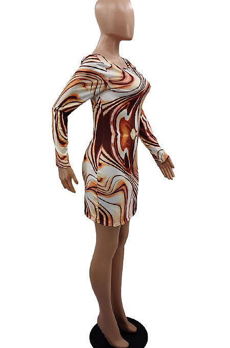 Orange Yellow Euramerican Women Autumn Winter Trendy Long Sleeve Backless Round Collar Mid Waist Mini Dress GB8033-1
