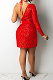 Apricot Women Sexy Sequins Pure Color Irregular Single Sleeve Split Skirts Sets XZ5307-3
