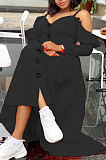 White Cute Preppy New Ruffle Long Sleeve Off Shoulder V Neck Buttoned Front Collect Waist Swing Long Dress SM9205-1