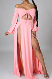 Pink Sexy Wholesale Off Shoulder Long Sleeve Collect Waist Slit  Strapless Dress SMR10305-1
