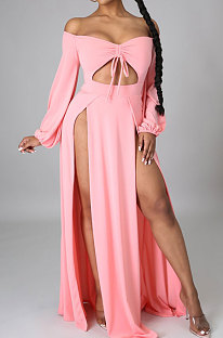 Pink Sexy Wholesale Off Shoulder Long Sleeve Collect Waist Slit  Strapless Dress SMR10305-1