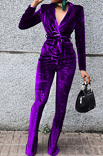 Purple Wholesale Velvet Long Sleeve Lapel Neck Suits Coat Flare Pants Sets TRS1182-5