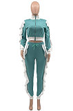 Red Women Flounce Stand Collar Zipper Long Sleeve Pants Sets KXL858-1
