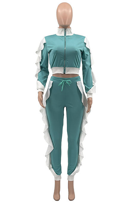 Red Women Flounce Stand Collar Zipper Long Sleeve Pants Sets KXL858-1