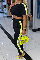 Black Cotton Blend  Side Strip Short Sleeve Round Neck T-Shirt Long Pants Sets TK6188-2