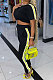 Black Cotton Blend  Side Strip Short Sleeve Round Neck T-Shirt Long Pants Sets TK6188-2