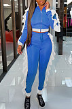 Red Women Flounce Stand Collar Zipper Long Sleeve Pants Sets KXL858-1