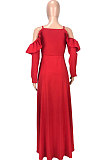 White Cute Preppy New Ruffle Long Sleeve Off Shoulder V Neck Buttoned Front Collect Waist Swing Long Dress SM9205-1