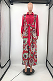 White Newest Print Long Sleeve Lepal Neck Single-Breasted With Beltband Swing Shirt Dress DMM8183-1