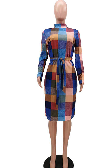 Blue Newest Plaid Print Long Sleeve High Neck Slim Fitting With Beltband  Slit Dress TK6147-1