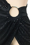 Apricot Women Sexy Sequins Pure Color Irregular Single Sleeve Split Skirts Sets XZ5307-3