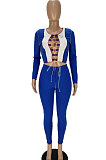 Black Contrast Color Spliced Long Sleeve Bandage Hollow Out Tops Pencil Pants Sets MN8382-3