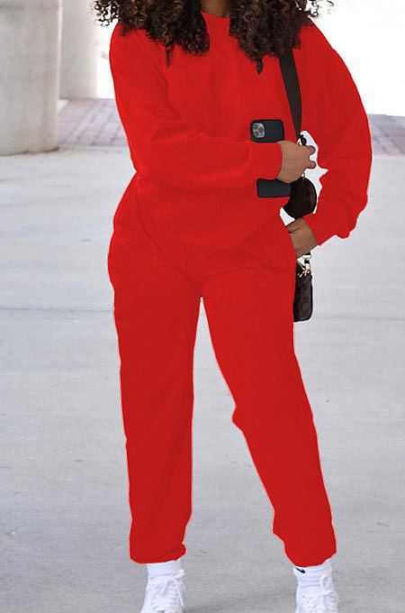 Red Simple Sport Loose Long Sleeve Round Neck Pocket Jumper Long Pants Solid Color Sets SM9206-3