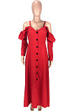 White Cute Preppy New Ruffle Long Sleeve Off Shoulder V Neck Buttoned Front Collect Waist Swing Long Dress SM9205-1
