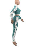 Red White Edge Women Flounce Stand Collar Zipper Long Sleeve Pants Sets KXL858-4