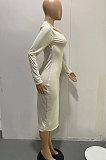 Black Women Pure Color Zipper Deep V Collar Long Sleeve Mid Waist Tight Sexy Midi Dress AMW8338-1