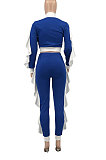 Red White Edge Women Flounce Stand Collar Zipper Long Sleeve Pants Sets KXL858-4