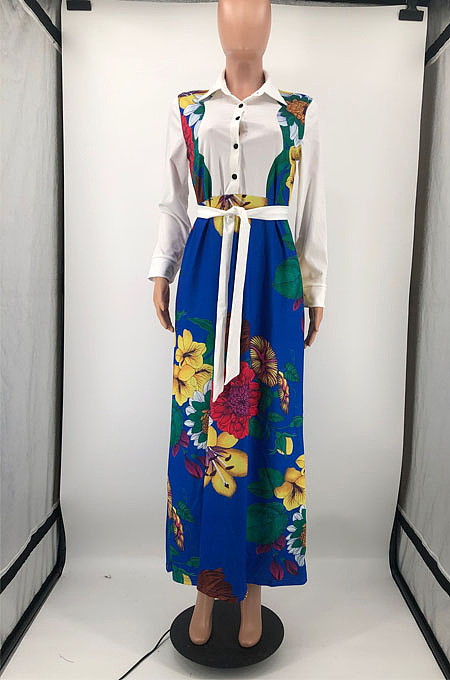 Pink Newest Print Long Sleeve Lepal Neck Single-Breasted With Beltband Swing Shirt Dress DMM8183-5