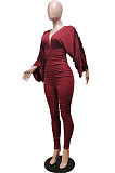 Blue  Newest Batwing Sleeve V Neck Ruffle Collect Waist Solid Color Bodycon Jumpsuits WY6841-1