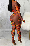 Green Sexy Mesh Print Long Sleeve V Neck Collect Waist Bodycon Jumpsuits SMR10278-3