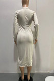 Black Women Pure Color Zipper Deep V Collar Long Sleeve Mid Waist Tight Sexy Midi Dress AMW8338-1