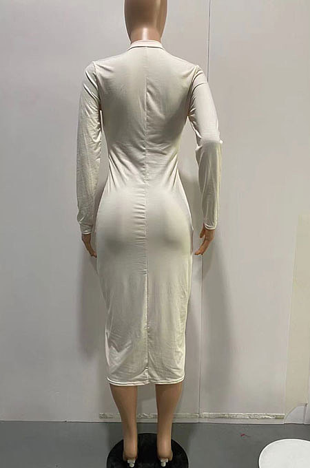 Black Women Pure Color Zipper Deep V Collar Long Sleeve Mid Waist Tight Sexy Midi Dress AMW8338-1