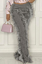 Gray Women Autumn Winter Corduroy Rough Selvedge Mid Waist Solid Color Flare Leg Pants MLM9078-5